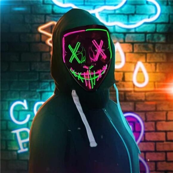 PINK GREEN Halloween Mask LED Light Scary Festival Cosplay Costume Masquerade - Picture 4 of 6